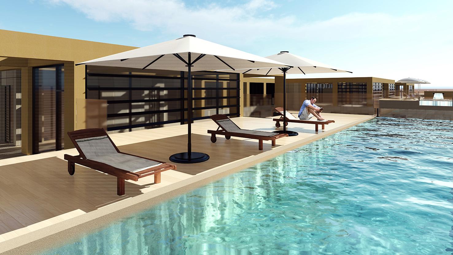 Swimming pool area with lounge seating and landscaped gardens at Al Raha Loft